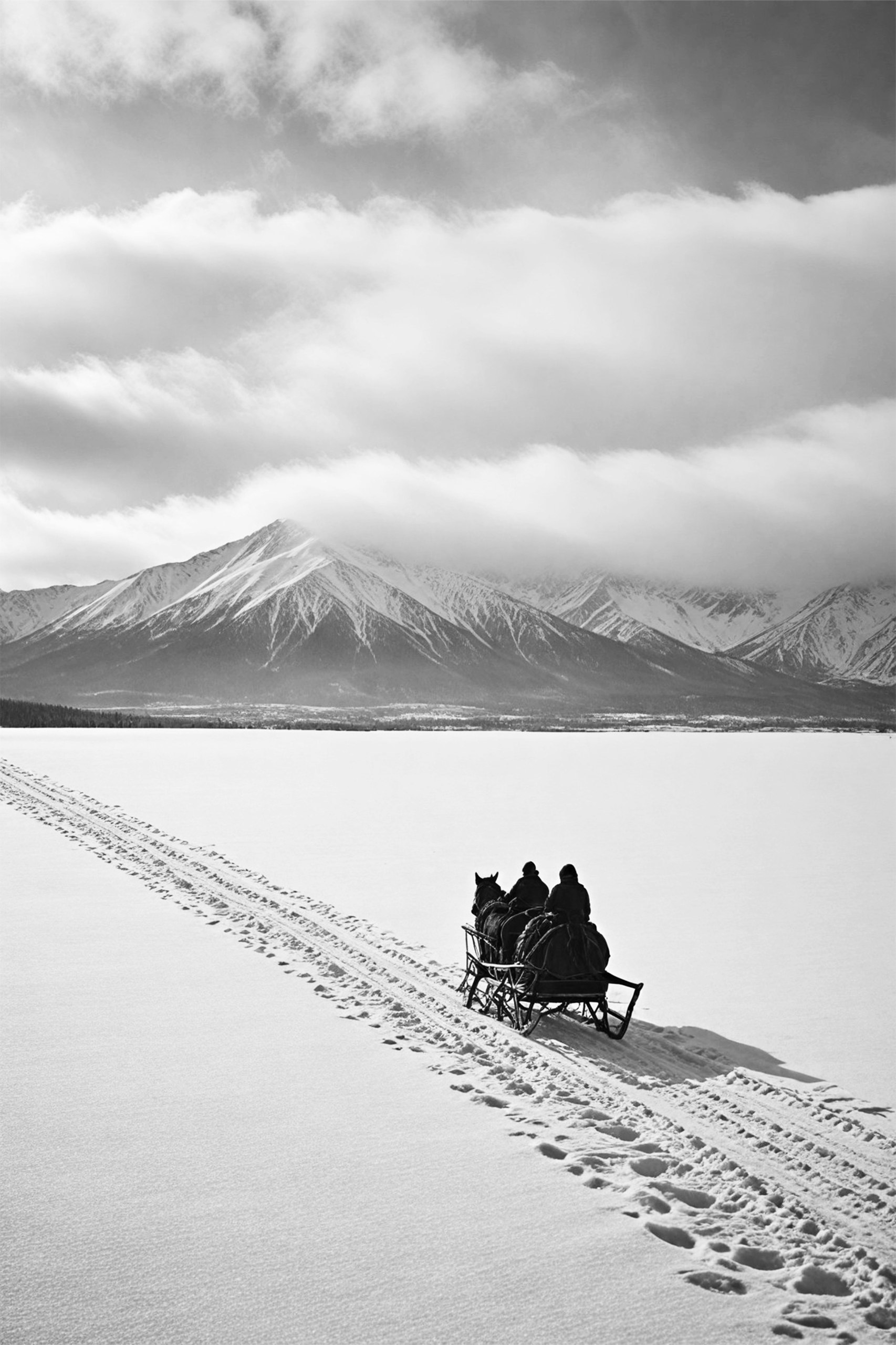 Bonaque — Journey Through the Winter Silence, a black-and-white photograph of a horse-drawn sleigh in the snow, a €65 signed print suited to a corporate Christmas gift