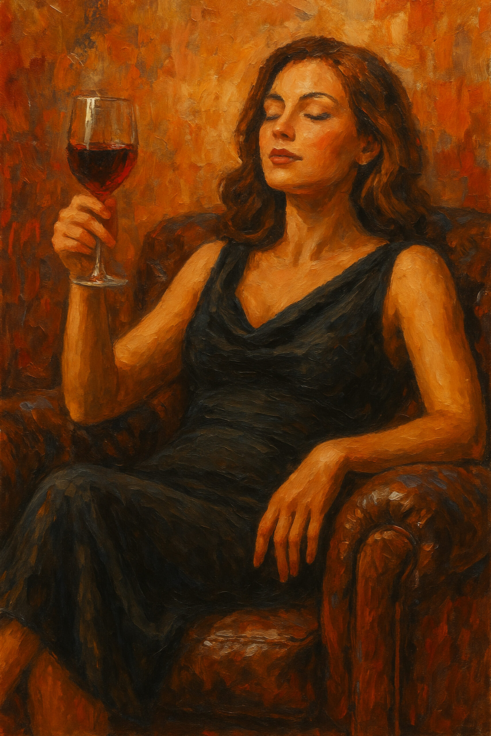 Elena Aureli — A Toast to Solitude, a woman in a leather armchair holding a glass of red wine, painted in warm tones, a cosy wall art print