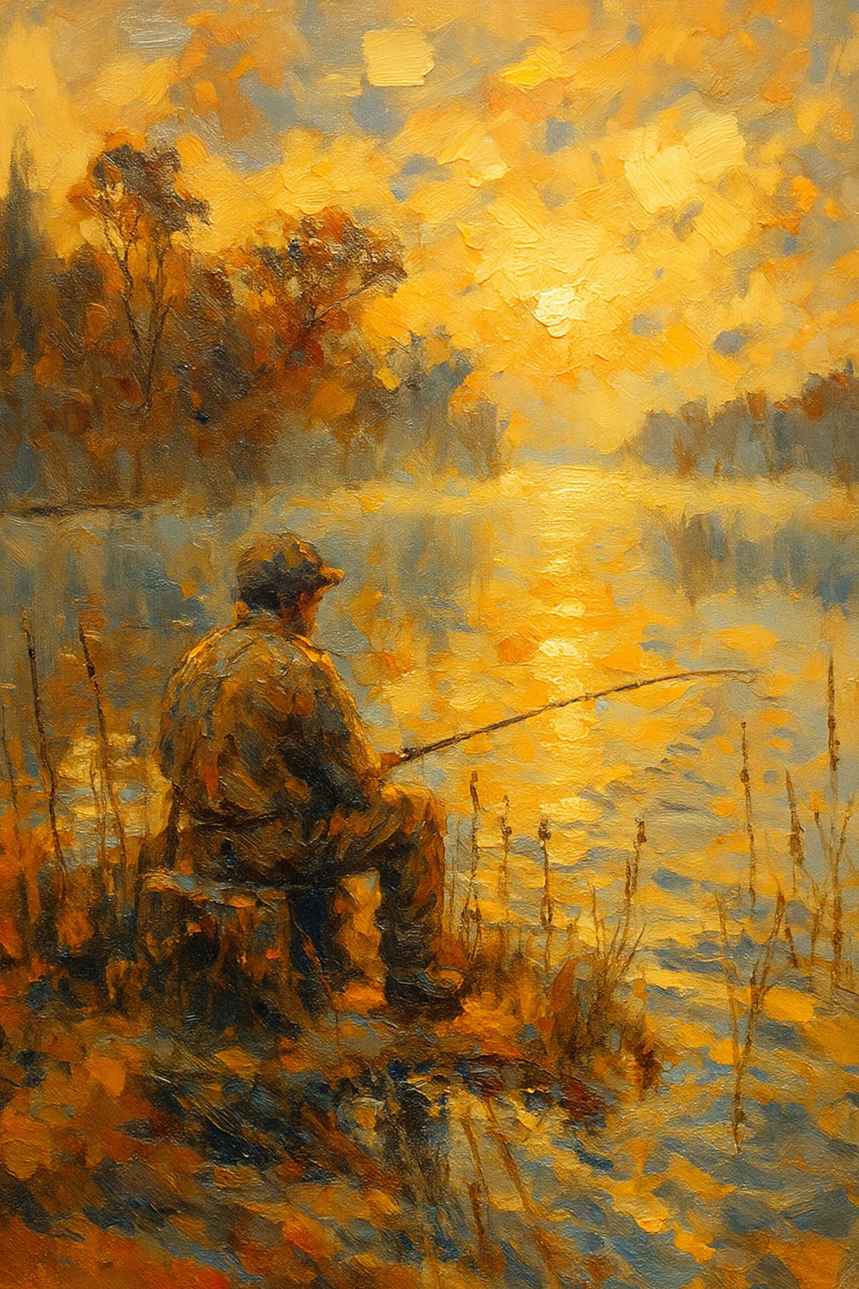 Henri des Bois — Golden Tranquility, a fisherman by a lake at sunset in gold and amber, a signed print that warms a living room in winter