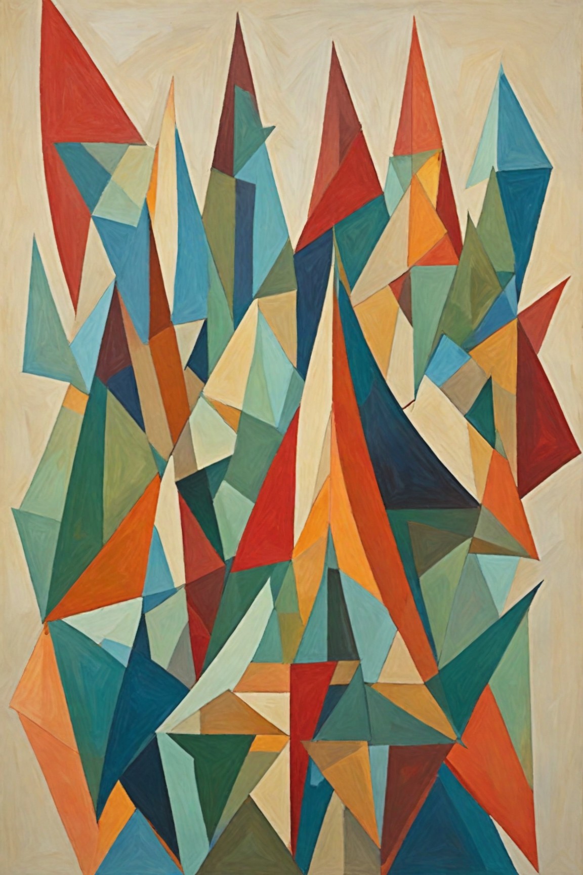 Litvin — Echoes of the Peaks, a colourful geometric abstract print suited to an office break area