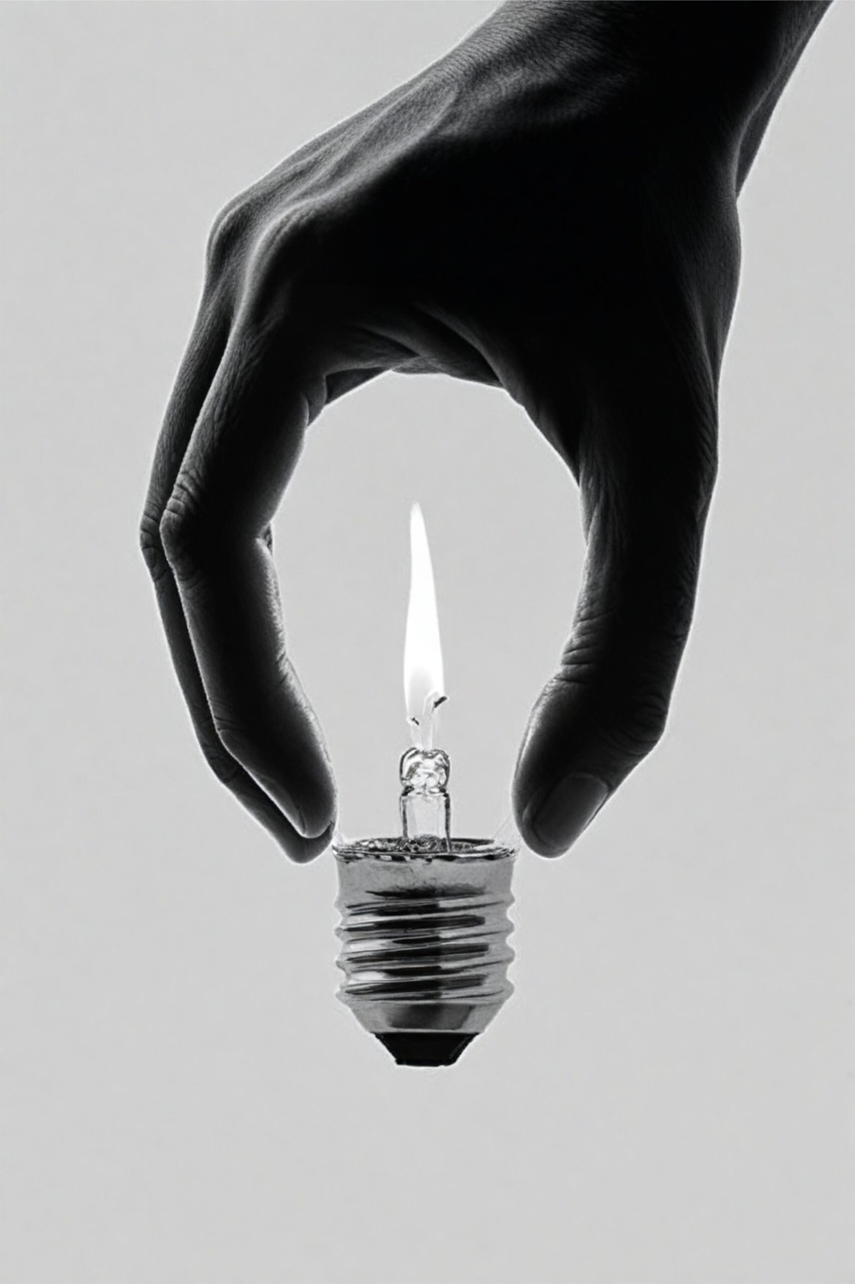 Moroz — Igniting Ideas, a black-and-white photograph of a hand holding a light bulb with a flame inside, a €95 signed print as a gift for a client