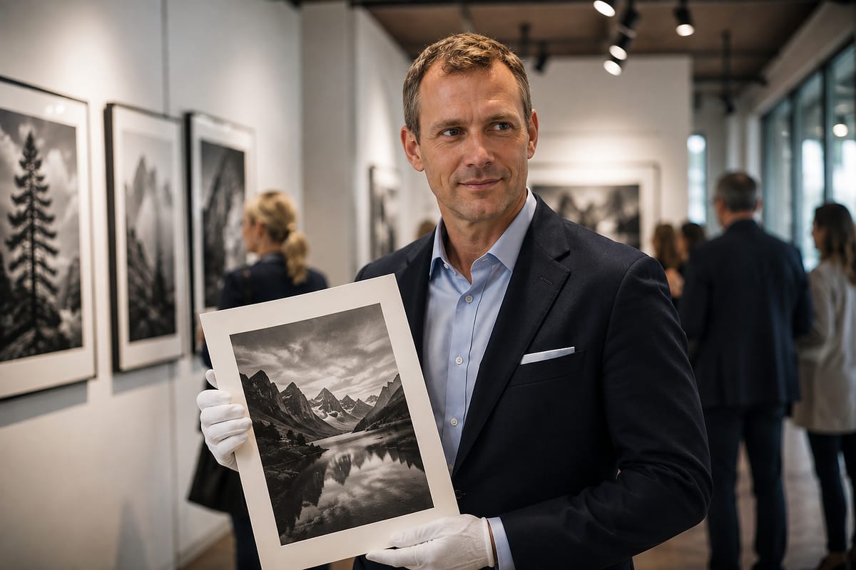 Alexander van der Meer holding a signed print in cotton gloves.